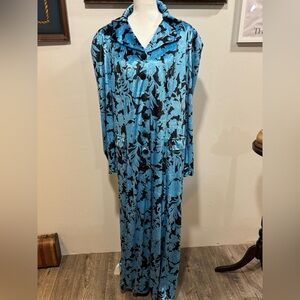 URSIME NWT Vintage Floral Pattern 4X Lapel Collar blue/black Velvet Long Coat